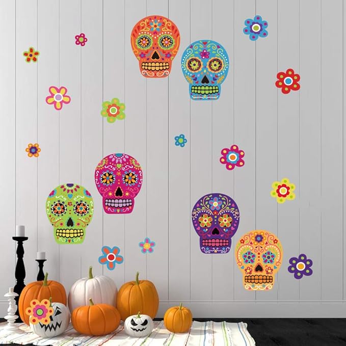 Halloween Colorful Sugar Skull Flower Wall Stickers Day of The Dead DIY Wall Decals for Party Room Decoration - sugar skull vinyl sticker