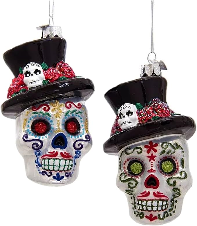 Kurt Adler Noble Gems Glass Christmas Ornament, Assorted Skeleton Heads (Pack of 2) - sugar skull christmas ornament