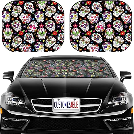 MSD Car Windshield Sun Shade, Universal Fit, 2-Piece for Car Window SunShades, Automotive Foldable Protector Cover, Image ID: 36626870 Day of The Dead Sugar Skull Seamless Vector Background - sugar skull car sunshade for windshield