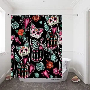 HGOD DESIGNS Sugar Cat Shower Curtain Set with 12 Hooks Day of The Dead Halloween Cats with Colorful Flowers Bath Curtains Shower Curtain Size 72"X72" - sugar skull shower curtain set