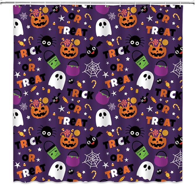 Halloween Shower Curtain Funny Ghost Pumpkin Treat or Trick Sugar Spider Bat Cartoon Halloween Things Happy Holiday Spooky Fabric Bathroom Home Decor Curtain Sets with Hooks - sugar skull shower curtain set