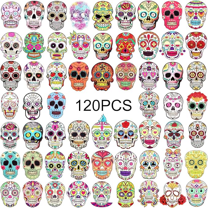 120 Pieces Skull Stickers Halloween Sugar Skull Decals Dia de Los Muertos Mexican Day of Dead Sticker for Laptop Water Bottle Luggage Bike Computer - sugar skull temporary tattoo