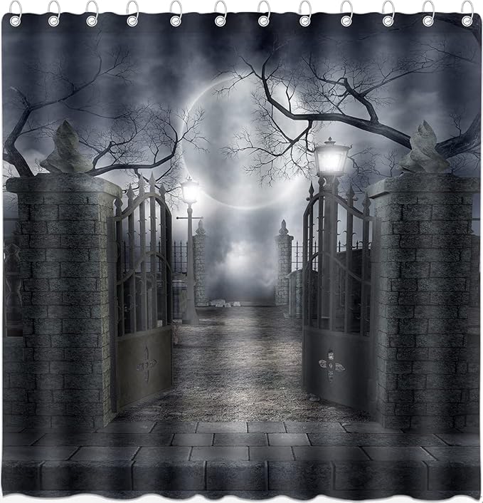 Halloween Shower Curtain for Bathroom Scary Night Courtyard Door Spooky Moon Horrifying Dead Tree Street lamp Poliester Water Proof Fabric Decoration with 12Hooks 72x72inch - sugar skull shower curtain set
