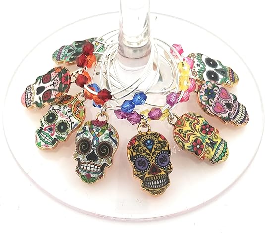 Cinco De Mayo Skull Wine Charms - Day Of The Dead Sugar Skull Glass Identifier Tags - Halloween Glass Markers - Party Table Setting Supplies - 8 Wine Charms/pack - sugar skull wine glass