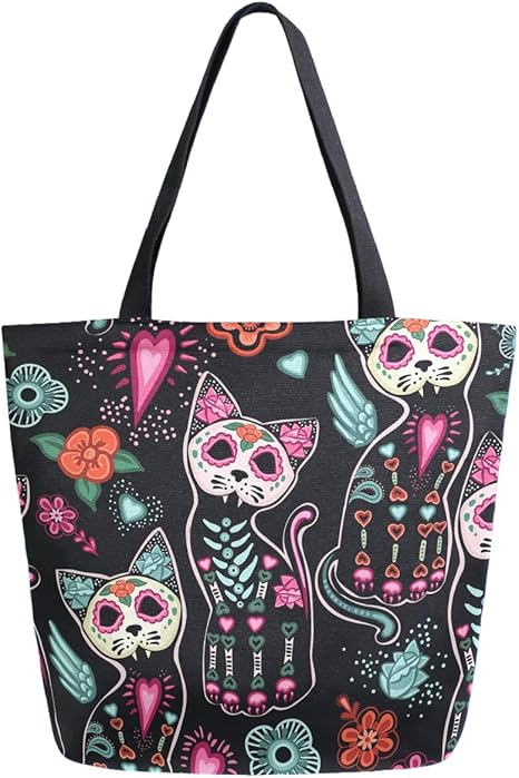 Chic Extra Large Shoulder Grocery Tote Bag, Chic Day of the Dead Sugar Skull Cats Pattern Canvas Reusable Handle Bags for Men Women Gym Weekender Picnic Beach Travel Home Storage Market Shopping - sugar skull handbags for sale