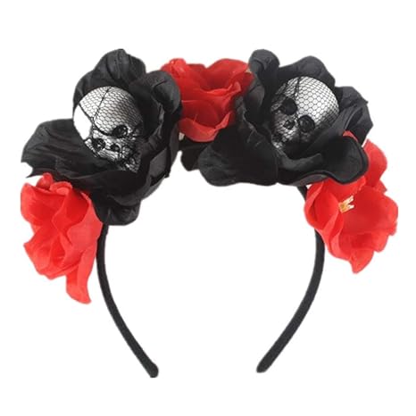 Halloween Rose Skull Headband Flower Crown Hair Bands Wreath Garland Floral Headpiece Women Leaf Hairband Hair Hoops Party Decoration Cosplay Costume Festival Handmade Hair Accessories Black Skull - sugar skull flower crown
