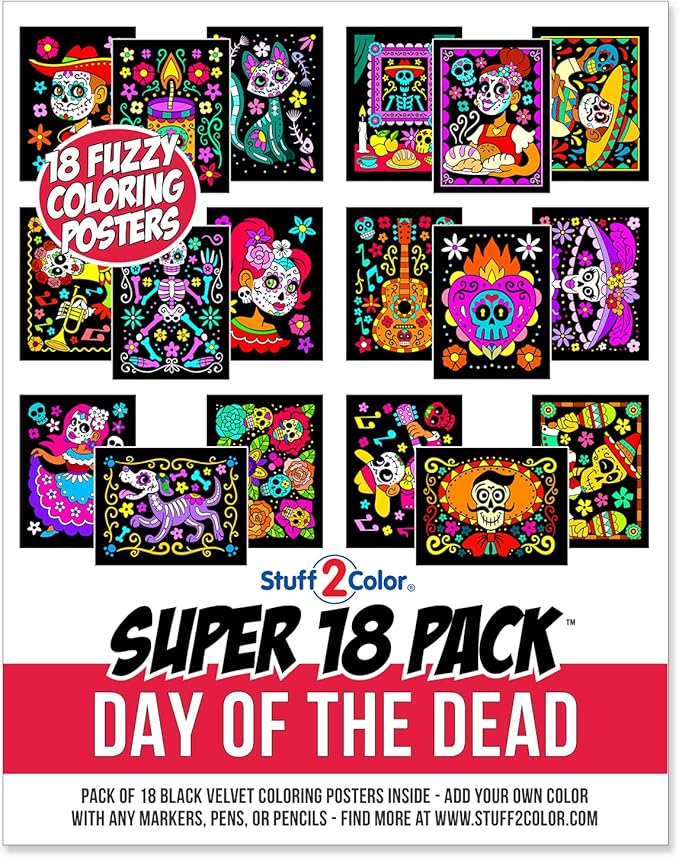 Super Pack of 18 Fuzzy Velvet Coloring Posters (Kids Themed - Day of the Dead) - Halloween and Dia de Los Muertos Coloring Crafts Activity for Toddlers, Kids & Adults - Great Family Fun Art Project - sugar skull poster print