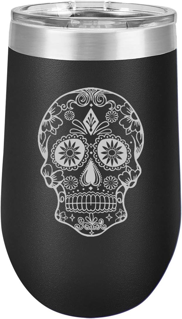 16 oz Double Wall Vacuum Insulated Stainless Steel Stemless Wine Tumbler Glass Coffee Travel Mug With Lid Sugar Candy Skull (Black) - sugar skull tumbler with straw