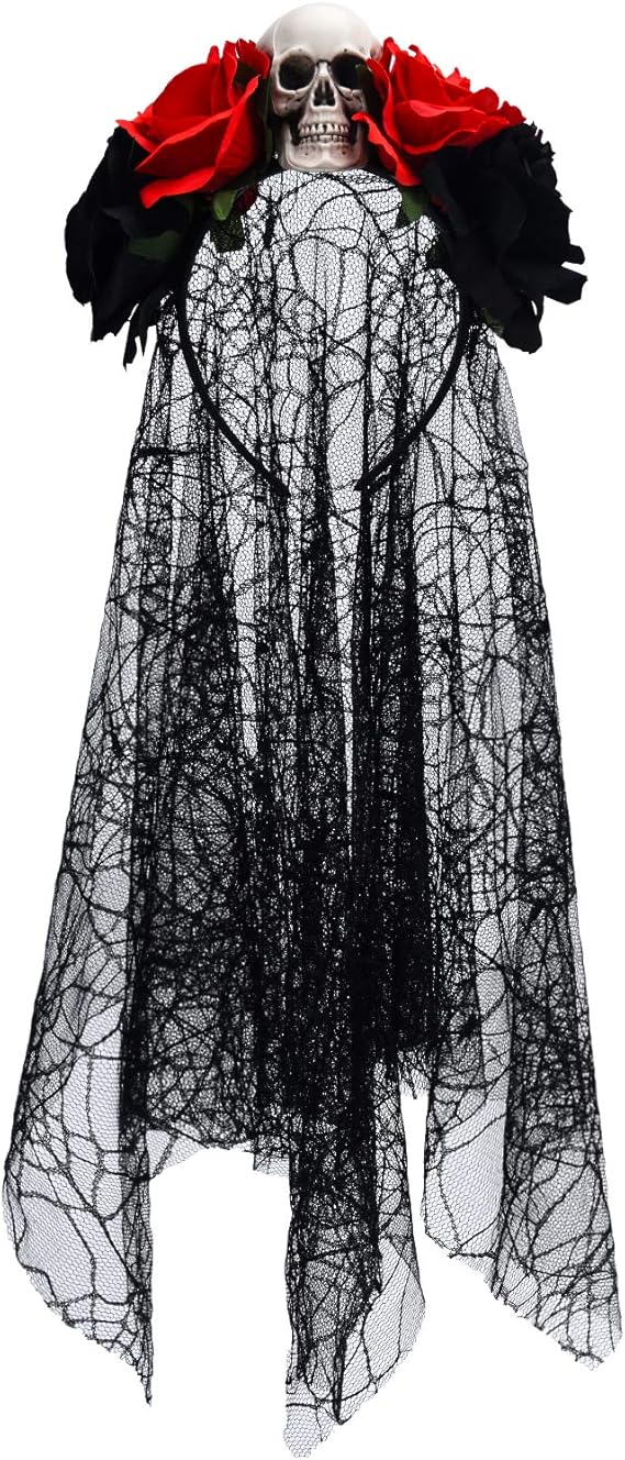 Blulu Halloween Veil Headband Women Day of The Dead Rose Flower Veil Headpiece Gothic Bride Floral Crown Costume Cosplay Halloween Party Accessories for Women - sugar skull flower crown