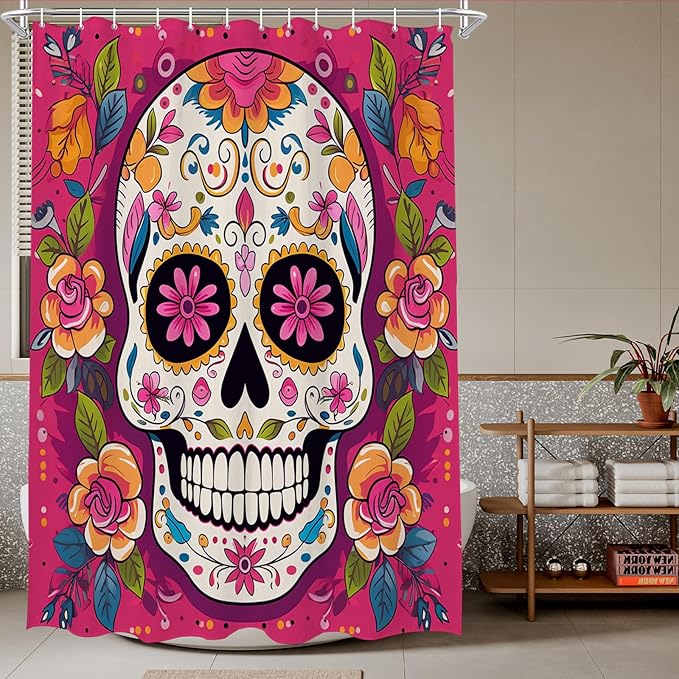 TheBlackSpot Sugar Skull Mexican Shower Curtain Sets Halloween Bath Curtains Decor Sets Grommet with Hooks (72W×72L inches) - sugar skull shower curtain set