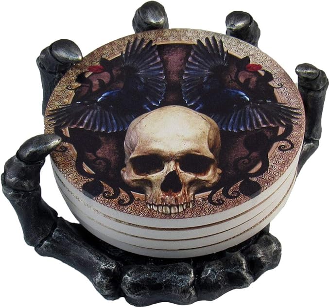 DWK - Helping Hand - Beautiful Gothic Skull Beverage Coasters with Creepy Skeleton Hand Holder for Halloween Home Kitchen Dining and Bar Décor Accent, 5.5-inch - sugar skull coasters set