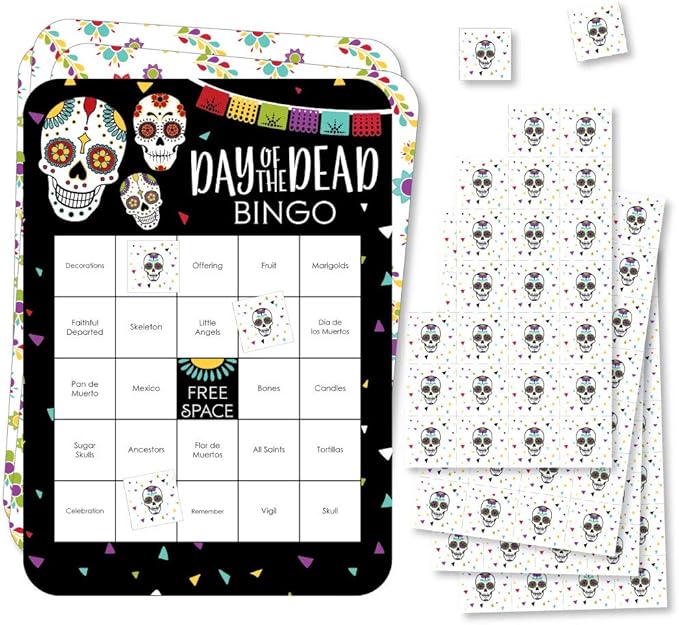 Big Dot of Happiness Day of the Dead - Bingo Cards and Markers - Halloween Sugar Skull Party Bingo Game - Set of 18 - sugar skull poster print