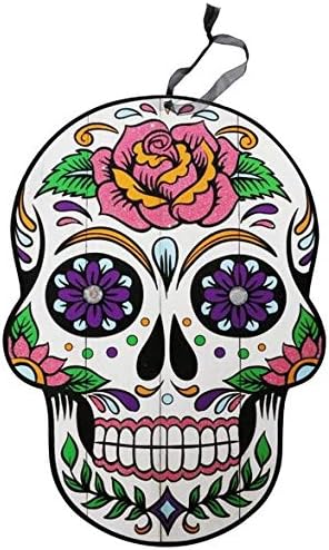 Halloween Decoration Day of The Dead Sugar Skull Hanging Wall Sign, 9.5x13 in (Rose) - sugar skull wreath for front door
