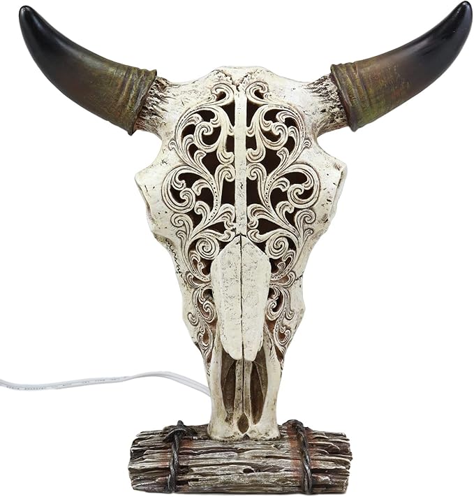 Ebros 12.5" Tall Southwest Aged Bone Tooled Filigree Lace Design Steer Bison Buffalo Bull Cow Horned Skull Head Night Light Lamp Centerpiece Side Table Decor Statue Skulls Western Accent Lighting - sugar skull table lamp