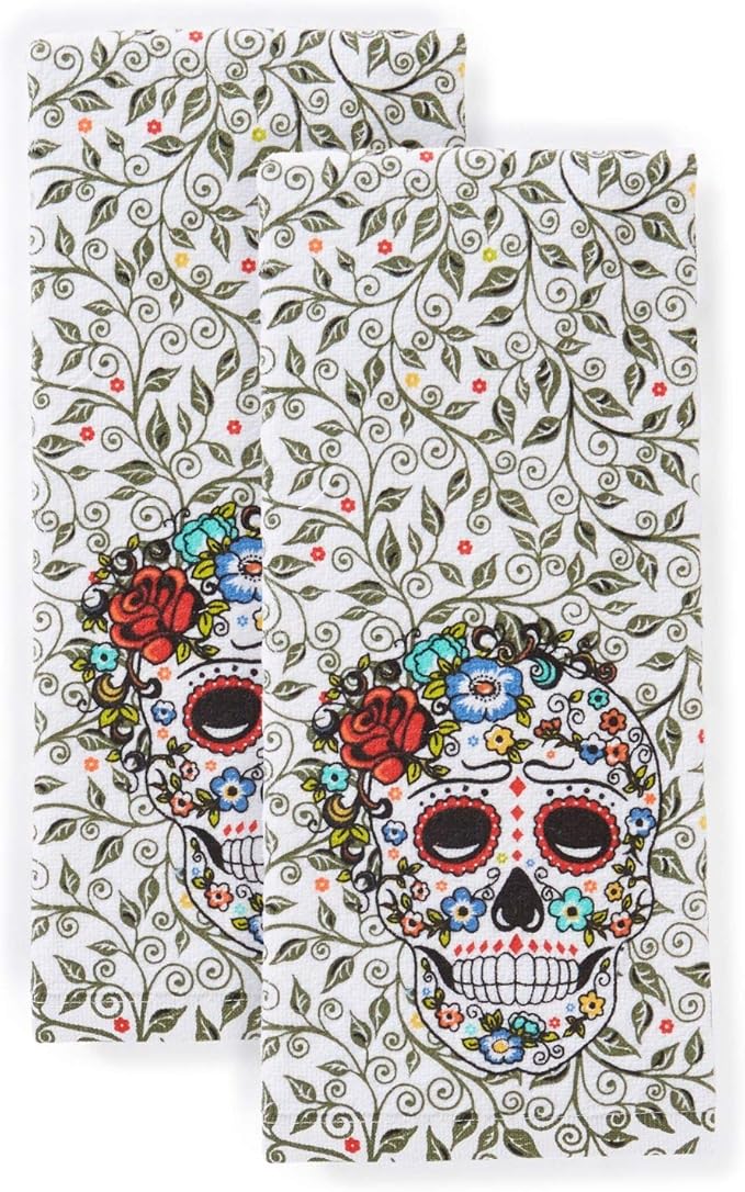 Fiesta Skull & Vine Kitchen Towel Set, Multi, 2 Piece - sugar skull beach towel
