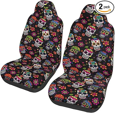 Sugar Skull and Flower Car Seat Cover Front Seats Full Set of 2 Vehicle Seat Protector Fit Cars, Sedan, Truck, SUV, Van - sugar skull car seat covers set