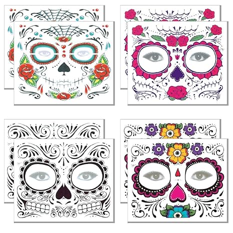 Day of the Dead Tattoo(8 PACK) Halloween Makeup Tattoos Decor Stickers Sugar Skull Temporary Face Tattoo for Halloween Masquerade Party(Floral, Glitter Roses, Web and Floral Skeleton) - sugar skull temporary tattoo
