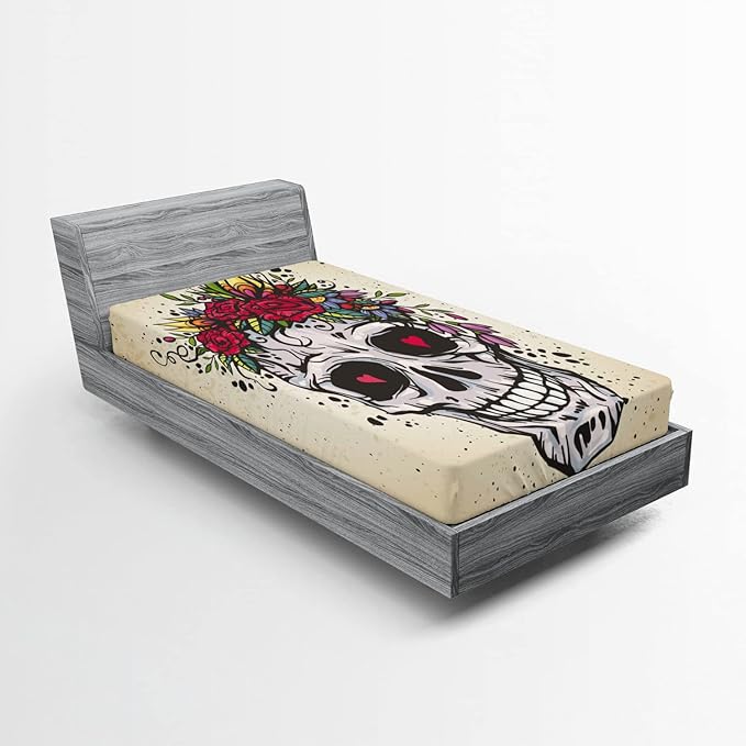Ambesonne Sugar Skull Fitted Sheet, Human Skull with Wreath of Roses and Wild Flowers Hearts in Boho Form Design, Bed Cover with All-Round Elastic Deep Pocket for Comfort, Twin XL Size, Multicolor - sugar skull wreath for front door