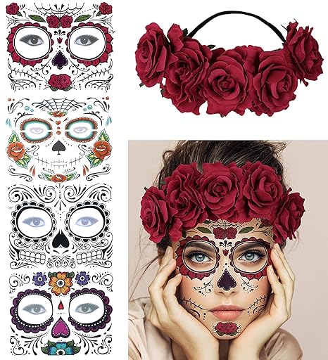 4 Kits Day of the Dead Sugar Skull Temporary Face Tattoo Makeup Tattoo for Men and Women with 1 Rose Red Flower Crown Headband for Halloween Costume - sugar skull flower crown