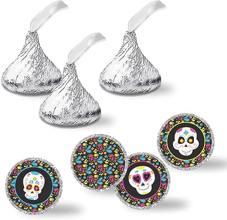 Sugar Skull Day of The Dead Halloween Party Kiss Sticker Labels, 300 Party Circle Sticker sized 0.75” for Chocolate Drop Kisses by AmandaCreation, Great for Party Favors, Envelope Seals & Goodie Bags - sugar skull coffee cup