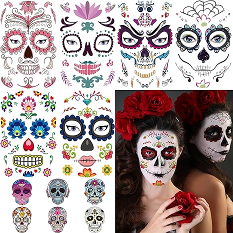 12 Sheets Halloween Face Tattoos Day of the Dead Face Sugar Skull Tattoos, Including 6 Large Sheets Halloween Sugar Skull Temporary Face Tattoos - sugar skull temporary tattoo