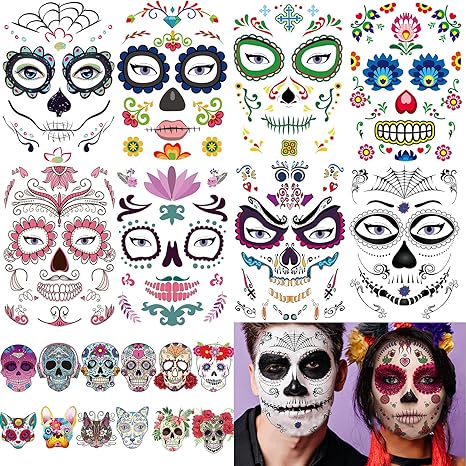 20 Sheets Day of the Dead Face Sugar Skull Tattoos,Including 8 Large Sheets Halloween Temporary Face Tattoos, Halloween Sugar Skull Face Tattoos - sugar skull flower crown