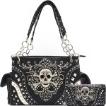 Punk Gothic Rock Metallic Skull Day of the Dead Floral Sugar Skull Leather Purse Women Handbag Shoulder Bag Wallet Set - sugar skull handbags for sale