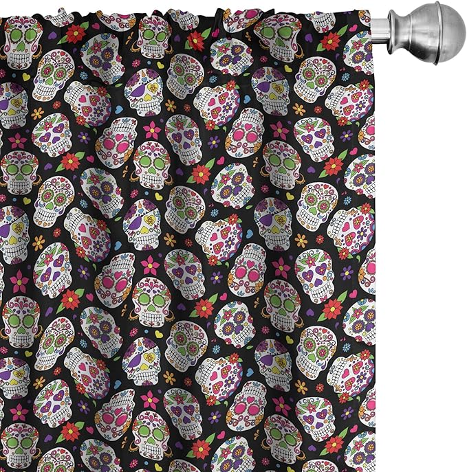 Ambesonne Sugar Skull Curtains, All Souls Day Floral Colorful Sugar Skulls Flowers on Dark Background Print, Window Treatments 2 Panel Set for Living Room Bedroom, Pair of - 28" x 84", Black Fuchsia - sugar skull christmas ornament