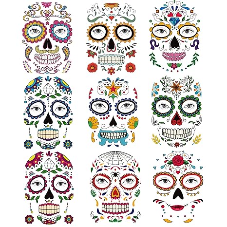 9 Sheets Day of the Died Skeleton Face Tattoo Stickers, Glitter Red Roses Temporary Tattoos for Men and Women - Halloween Costume Accessories and Party Favors - sugar skull temporary tattoo