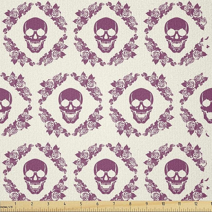 Ambesonne Sugar Skull Fabric by The Yard, Monochrome Style Calavera Inspired Surround by Circular Floral Wreath Print, Stretch Knit Fabric for Clothing Sewing and Arts Crafts, 1 Yard, Fuchsia Cream - sugar skull wreath for front door
