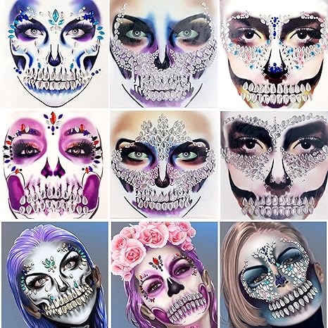 Skull Face Jewels Day of the Death Face Gems for Halloween Face Decals,6-Pack - sugar skull temporary tattoo