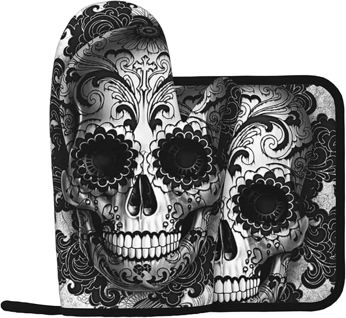 Sugar Skull Oven Mitts and Pot Holders Sets Non-Slip Heat Resistant Kitchen Gloves and Pot Pad for Cooking Baking Grilling - sugar skull oven mitts