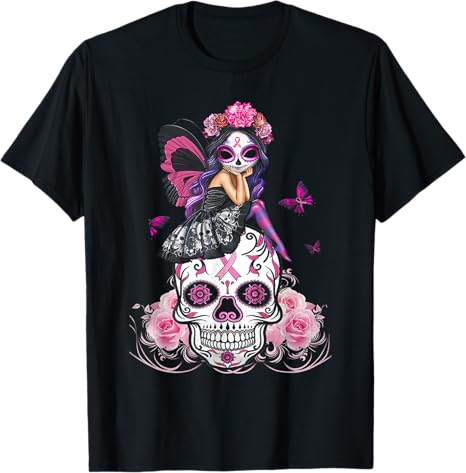 Fairy Sugar Skull Breast Cancer Butterfly Pink - sugar skull t-shirt womens