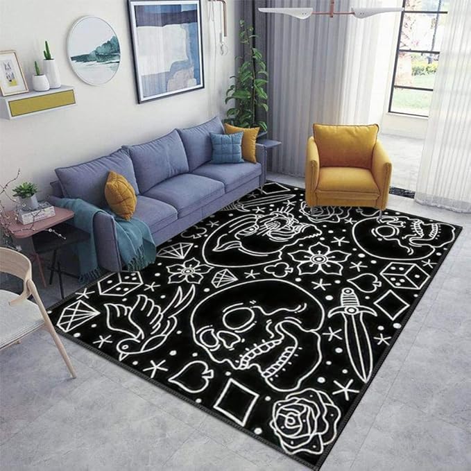 ZALAHM Custom Tattoo Skull Runner Rug, Black, 4'x5'3" (120cm*160cm), Non Slip, Indoor/Outdoor - sugar skull area rug