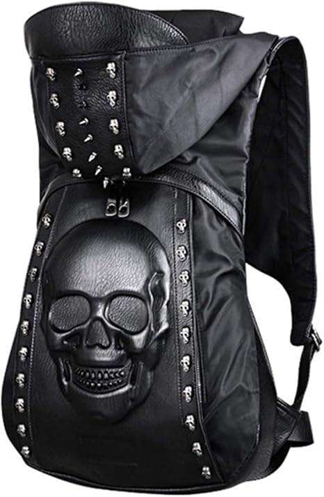 Skull Punk Art Fashion Backpack Hooded Rivet Studded Biker Purse Gothic 3D Skull PU Leather Bookbag Python Daypack Shoulder Bag Laptop Bag - best sugar skull backpack