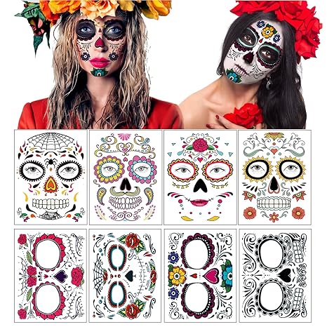 Temporary Face Tattoo, 8 Kits Tattoos Sugar Skull Stickers Day of The Dead Makeup, Face Tattoo Rose Design for Halloween, Masquerade and Parties - sugar skull temporary tattoo