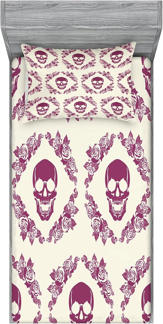 Ambesonne Sugar Skull Fitted Sheet & Pillow Sham Set, Monochrome Style Calavera Inspired Surround by Circular Floral Wreath Print, Decorative Printed 2 Piece Bedding Decor Set, Twinxl, Fuchsia Cream - sugar skull throw pillow