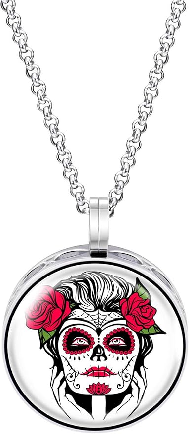 Wild Essentials Sugar Skull Tattoo Art Enamel Finish Essential Oil Diffuser Necklace Gift Set - Includes Aromatherapy Pendant, 24" Stainless Steel Chain, 8 Color Refill Pads - sugar skull temporary tattoo