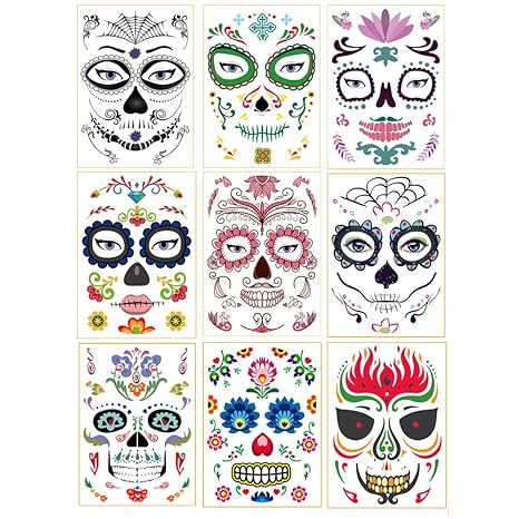Halloween Day of the Dead Face Tattoo Halloween Face Temporary Tattoo Sugar Skull Water Transfer Stickers Face Makeup Props for Women Men Adult Kids Boys Halloween Party Favor Supplies(9 Sheet) - sugar skull makeup kit