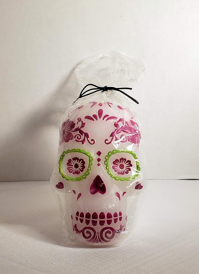 New Sugar Skull Day of The Dead Decorative Wax Halloween Candle (White, Fuchsia & Green) - sugar skull candle holder