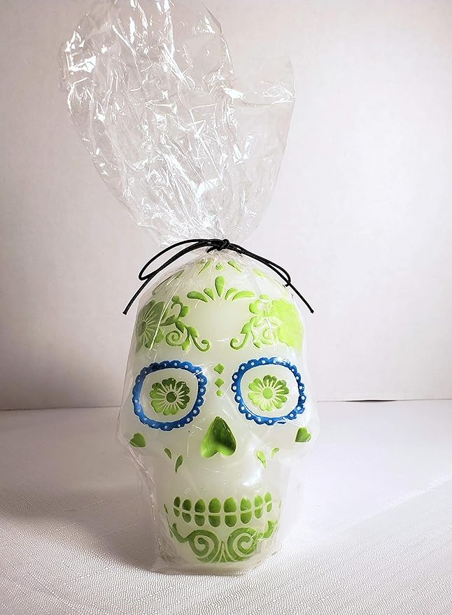 New Sugar Skull Day of The Dead Decorative Wax Halloween Candle (White, Lime & Teal) - sugar skull christmas ornament