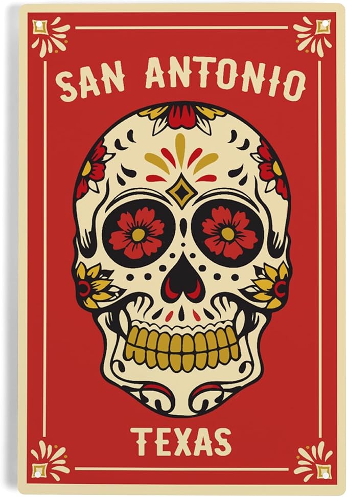 Lantern Press 6x9 Inch Metal Sign, San Antonio, Texas, Day of the Dead, Sugar Skull and Flower Pattern - sugar skull poster print