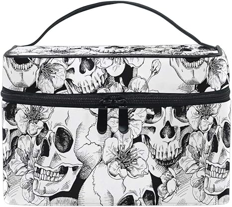 Makeup Train Case Sugar Skull Mexican Floral Korean Carrying Portable Zip Travel Cosmetic Brush Bag Organizer Large White Elephant Gift for Girls Women - sugar skull handbags for sale
