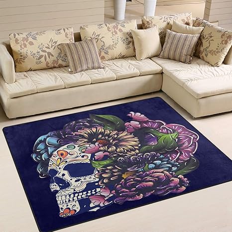 ALAZA Day of The Dead Floral Sugar Skull with Flowers Indoor Modern Doormat 4' x 5', Dining Room Home Bedroom Carpet Floor Mat Nursery Mat Room Mat - sugar skull area rug