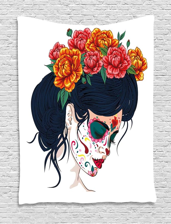 Ambesonne Day of the Dead Tapestry, Girl with Sugar Skull Makeup and Floral Wreath Cartoon Graphic, Wall Hanging for Bedroom Living Room Dorm Decor, 40" X 60", Multicolor - sugar skull wreath for front door