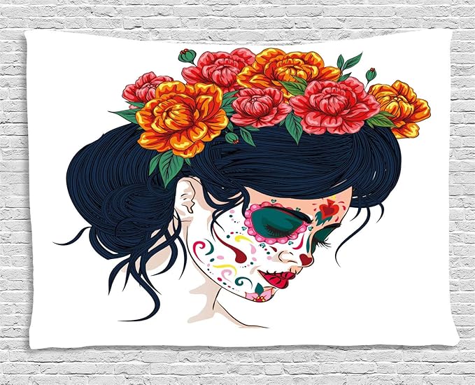 Ambesonne Day of The Dead Tapestry, Girl with Sugar Skull Makeup and Floral Wreath Cartoon Graphic, Wide Wall Hanging for Bedroom Living Room Dorm, 60" X 40", Multicolor - sugar skull wreath for front door