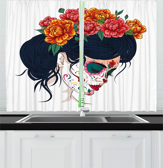 Ambesonne Day of The Dead Kitchen Curtains, Girl with Sugar Skull Makeup and Floral Wreath Cartoon Graphic, Window Drapes 2 Panel Set for Kitchen Cafe Decor, 55" x 39", Multicolor - sugar skull wreath for front door