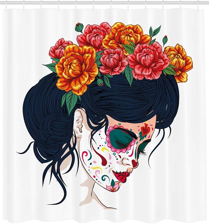 Ambesonne Day of The Dead Shower Curtain, Girl with Sugar Skull Makeup and Floral Wreath Cartoon Graphic, Cloth Fabric Bathroom Decor Set with Hooks, 69" W x 70" L, Multicolor - sugar skull wreath for front door