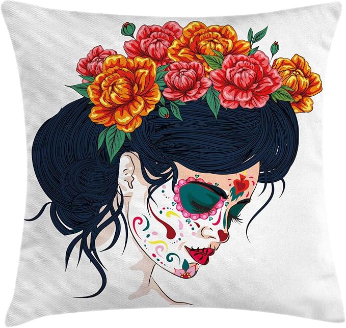 Ambesonne Day of The Dead Throw Pillow Cushion Cover, Girl with Sugar Skull Makeup and Floral Wreath Cartoon Graphic, Decorative Square Accent Pillow Case, 26" X 26", Multicolor - sugar skull wreath for front door