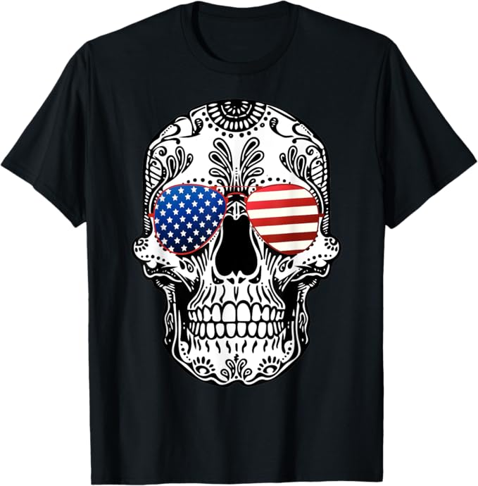 Skull American Flag Glasses Sugar Skull US Stars & Stripes Women Men T-Shirt - sugar skull wine glass